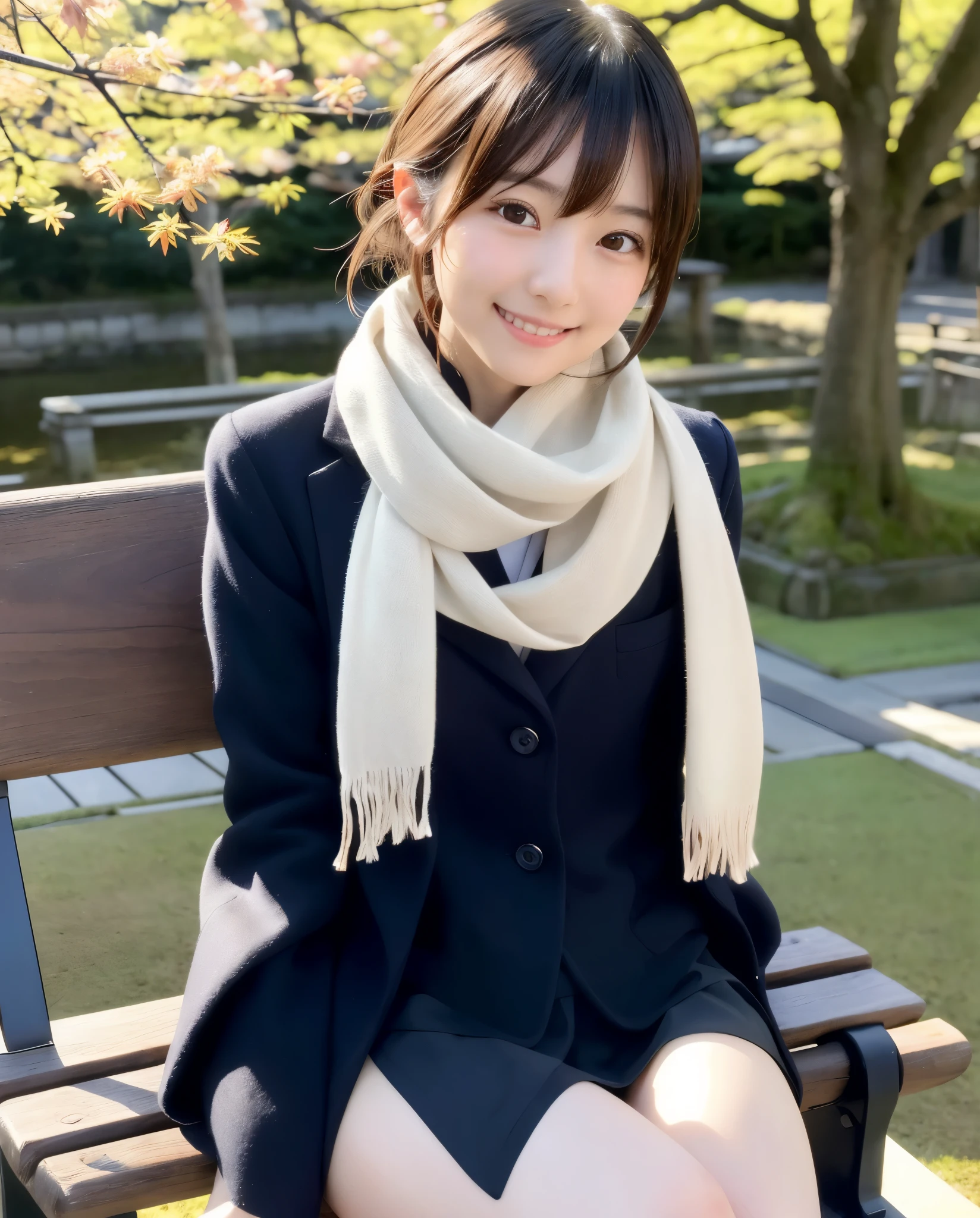 tre anatomically correct,Masterpiece of,High image quality,((Japan hair)),((Natural smile)),((Hair fluttering in the wind)),The ultra-detailliert、High quality textures、intricate detailes、detaileds、非常detailedsなCG、High quality shadows、Detail Beautiful delicate face、Detail Beautiful delicate eyes、depth of fields、Ray traching,1girl in, japanaese girl, Cute, slender,An arafi woman wearing a scarf and sitting on a park bench, coat、a miniskirt、a japanese girl, Japan Women Fashion Models, Beautiful young Japan woman, Gorgeous young Japan woman, beautiful japanese female, Japan Girl, real life anime girl, Beautiful Japan Girl, Japanese Models, 美しいjapanaese girlの顔, Young Asian Girl