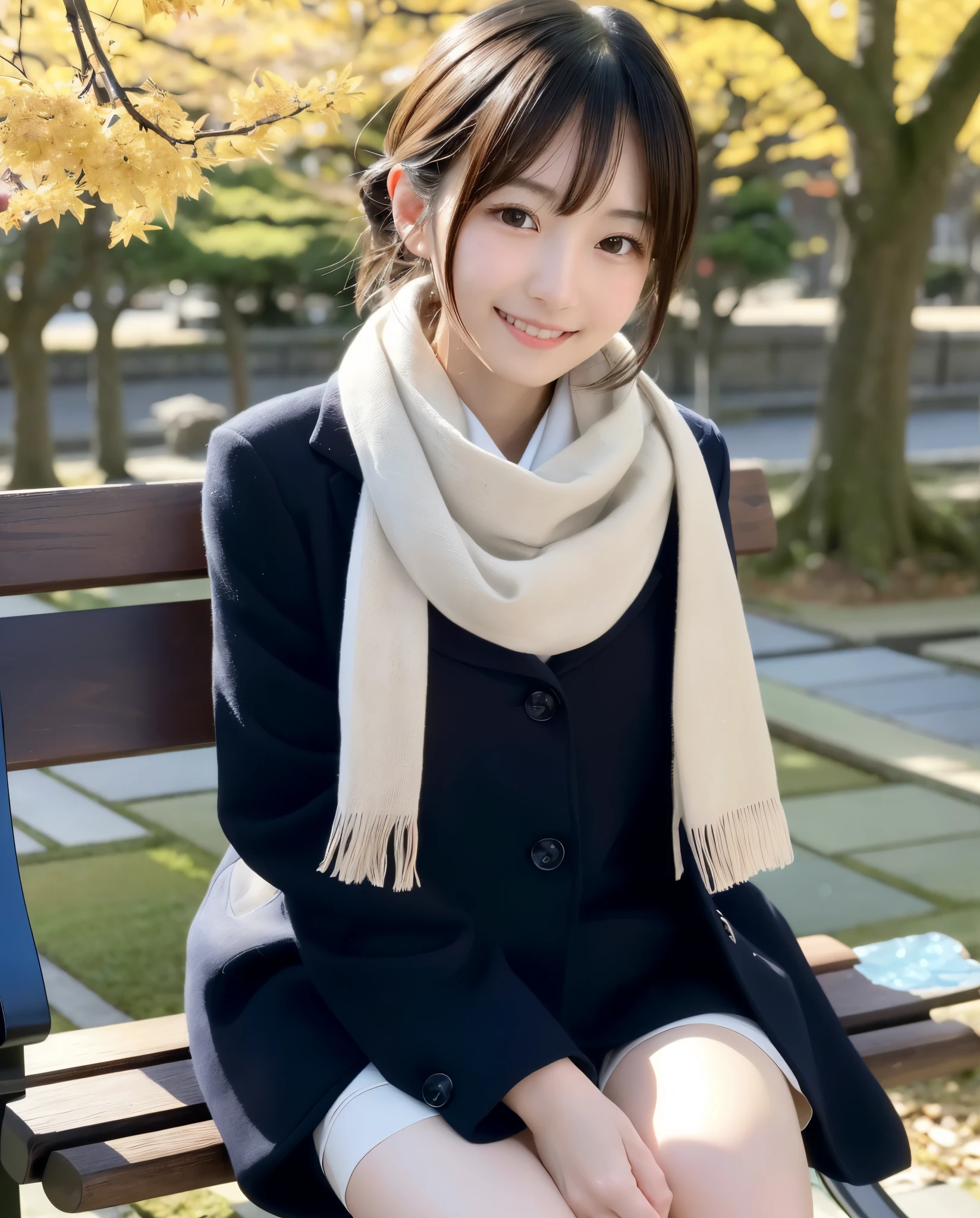 tre anatomically correct,Masterpiece of,High image quality,((Japan hair)),((Natural smile)),((Hair fluttering in the wind)),The ultra-detailliert、High quality textures、intricate detailes、detaileds、非常detailedsなCG、High quality shadows、Detail Beautiful delicate face、Detail Beautiful delicate eyes、depth of fields、Ray traching,1girl in, japanaese girl, Cute, slender,An arafi woman wearing a scarf and sitting on a park bench, coat、a miniskirt、a japanese girl, Japan Women Fashion Models, Beautiful young Japan woman, Gorgeous young Japan woman, beautiful japanese female, Japan Girl, real life anime girl, Beautiful Japan Girl, Japanese Models, 美しいjapanaese girlの顔, Young Asian Girl
