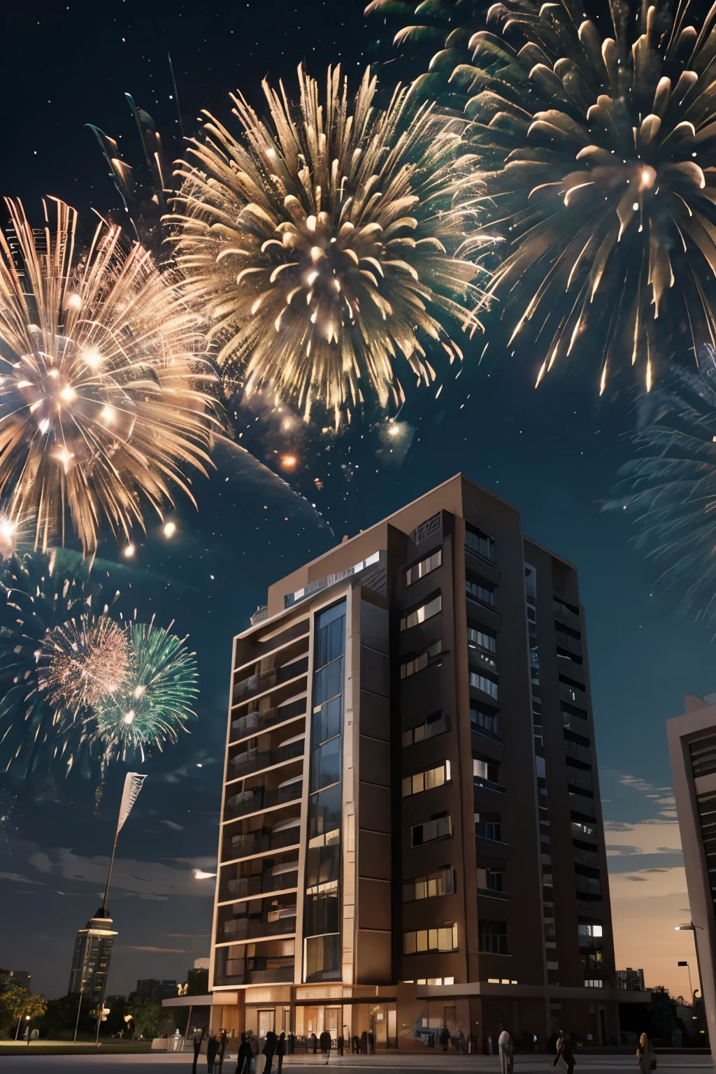 Various 3D realistic buildings at New Year&#39;s party with fireworks