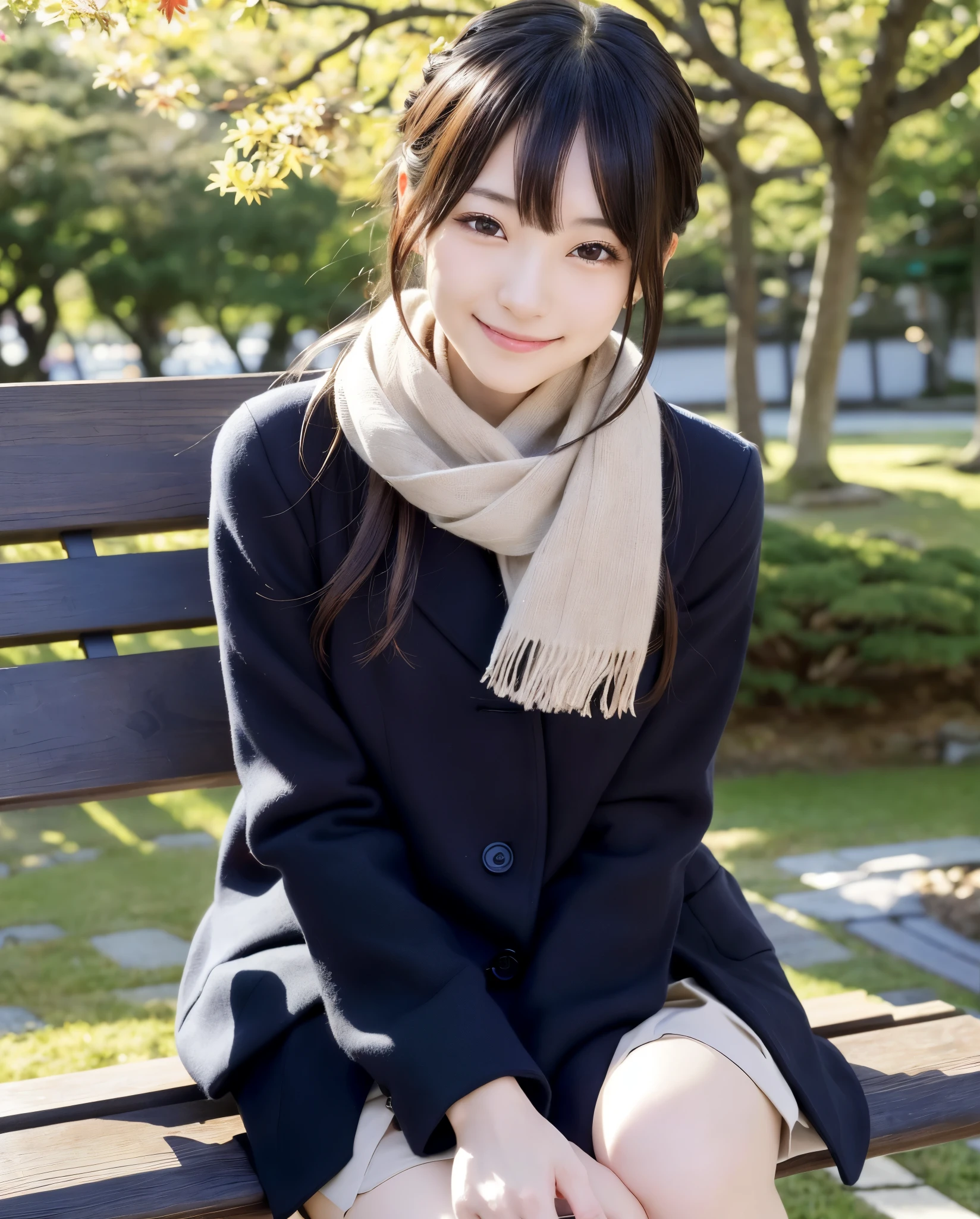tre anatomically correct,Masterpiece of,High image quality,((Japan hair)),((Natural smile)),((Hair fluttering in the wind)),The ultra-detailliert、High quality textures、intricate detailes、detaileds、非常detailedsなCG、High quality shadows、Detail Beautiful delicate face、Detail Beautiful delicate eyes、depth of fields、Ray traching,1girl in, japanaese girl, Cute, slender,An arafi woman wearing a scarf and sitting on a park bench, coat、a miniskirt、a japanese girl, Japan Women Fashion Models, Beautiful young Japan woman, Gorgeous young Japan woman, beautiful japanese female, Japan Girl, real life anime girl, Beautiful Japan Girl, Japanese Models, 美しいjapanaese girlの顔, Young Asian Girl