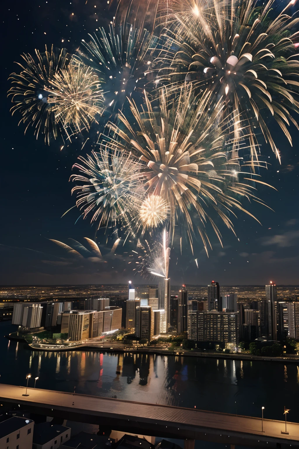 several 3D buildings with fireworks and several stars