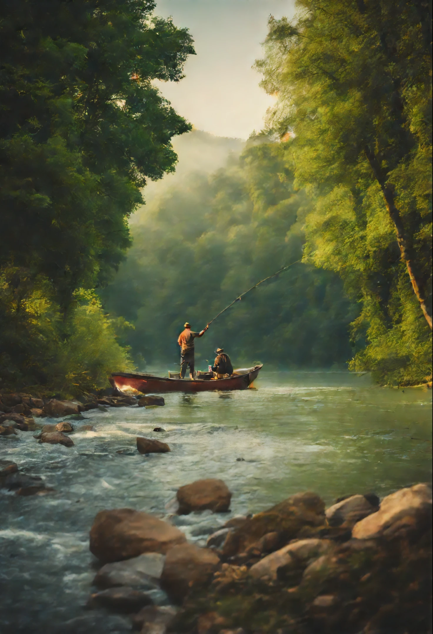 Beautiful nature with river flow and fishing man
