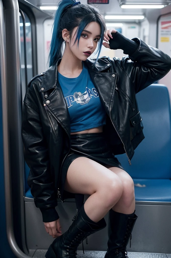 girl with blue hair in a metro, messy hair, 1 girl, solo, black fingerless gloves, black leather jacket, blue shirt, black skirt, ponytail, black boots, , small pink highlights in hair, blue lipstick