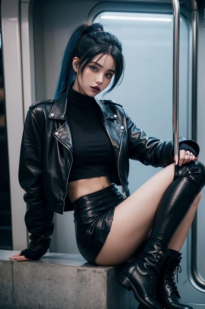 girl with blue hair in a metro, messy hair, 1 girl, solo, black fingerless gloves, black leather jacket, blue shirt, black skirt, ponytail, black boots, , small pink highlights in hair, blue lipstick
