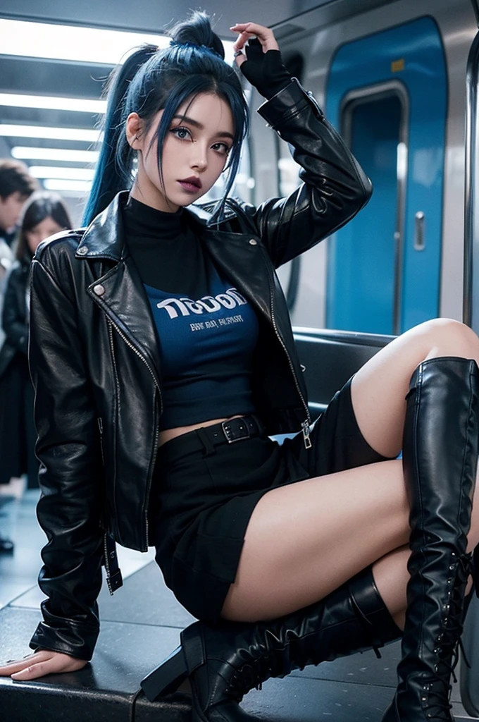 girl with blue hair in a metro, messy hair, 1 girl, solo, black fingerless gloves, black leather jacket, blue shirt, black skirt, ponytail, black boots, , small pink highlights in hair, blue lipstick