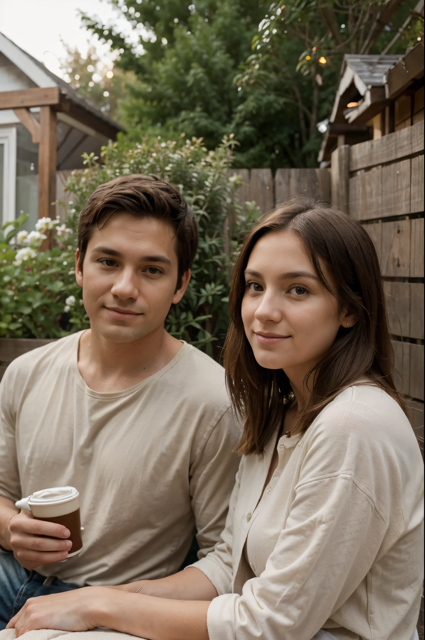 Style of Photo: Natural Unveiling
Subjects: 30-year-old couple
Important Feature: clothing, portraying a natural lifestyle
More Details: Casual attire suitable for a spontaneous moment
Pose or Action: Capturing an unplanned moment in their backyard, perhaps gardening or enjoying a cup of coffee
Framing: Unposed close-ups, highlighting authentic expressions
Setting/Background: Their backyard or a cozy outdoor space
Lighting: Soft natural light during a pleasant day
Camera Angle: Unplanned angles to capture the natural essence
Camera: DSLR for high-quality captures of natural moments
Lens: Standard lens for versatile and realistic shots
Camera Properties: High-resolution DSLR with the focus on the simplicity of their lifestyle