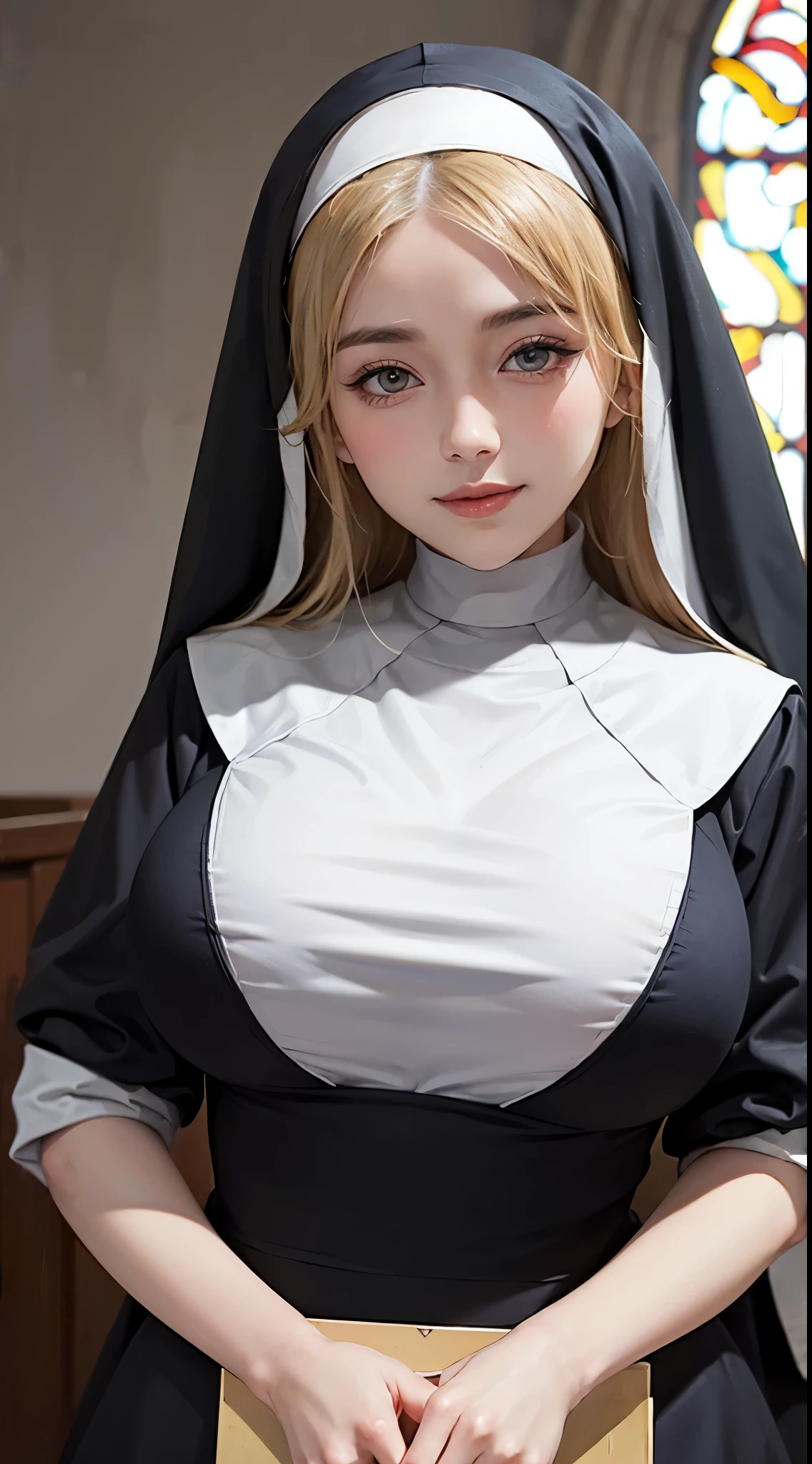 twogirls，Lolita prostitute，Half-nun dress，Black one-piece stockings，no underwares，short detailed hair，Bigboobs，sitted，frontage，Short white sweater，white stockings