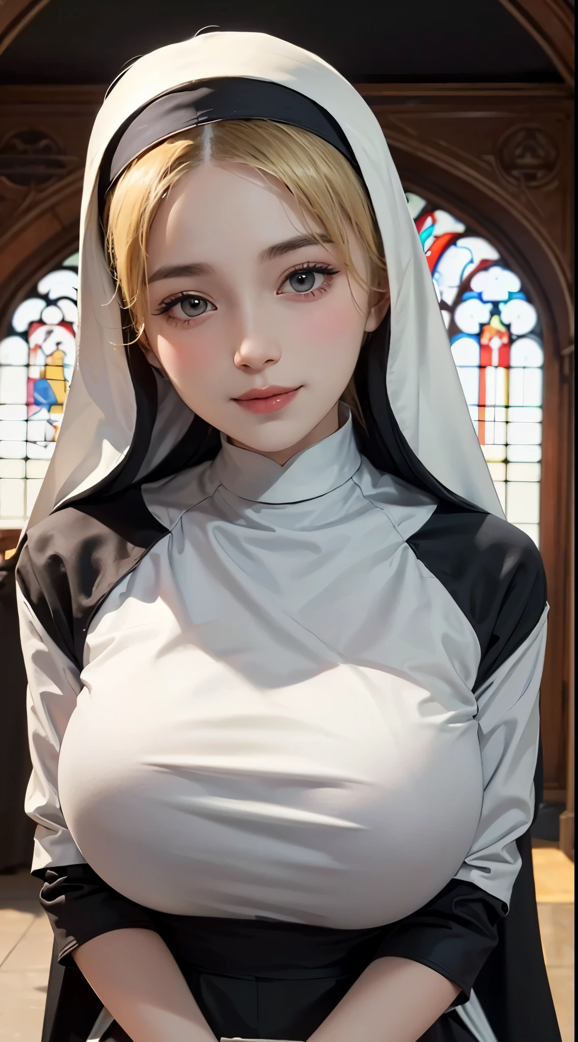 (UHD, retina, masterpiece, accurate, anatomically correct, textured skin, super detail, high details, high quality, best quality, high res, 1080P, HD, 4K, 8k, 16k), (beautiful detailed eyes, beautiful detailed lips, extremely detailed eyes and face), soft lighting, physically-based rendering, vivid colors, (((large breasts:1.6))), (((nun:1.2))), (portrait, blonde hair, shiny hair, shiny skin, blush), (church, bokeh), eye reflection, (bible:1.5),