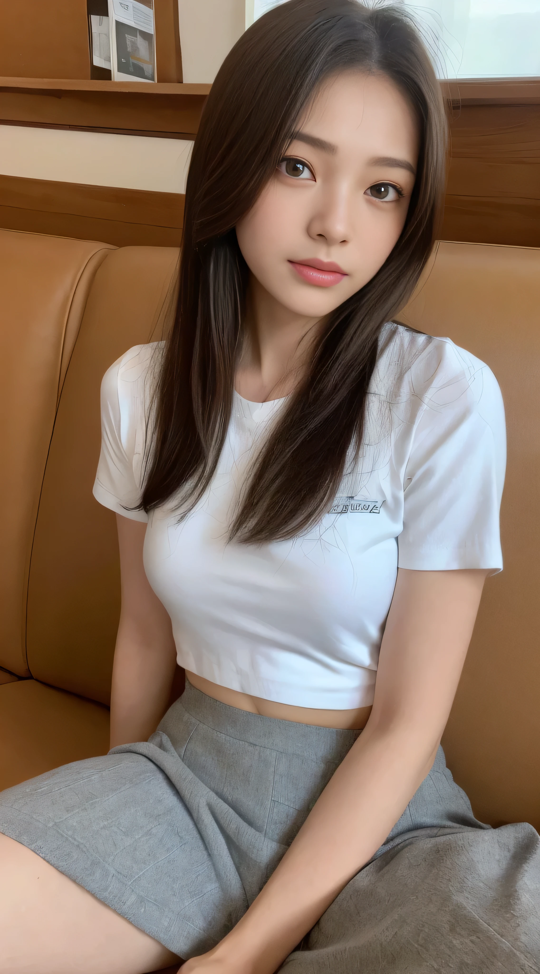 ((Top Quality, 8k, Masterpiece: 1.3)), 1 Girl, Beauty: 1.3, (Casual Hairstyle, Big: 1.2), Super Detail Face, Delicate Eyes, Double Eyelids, Soft Breasts, High School Student in School Uniform, Perched on Hotel Bed, With Bangs, Blurred Background