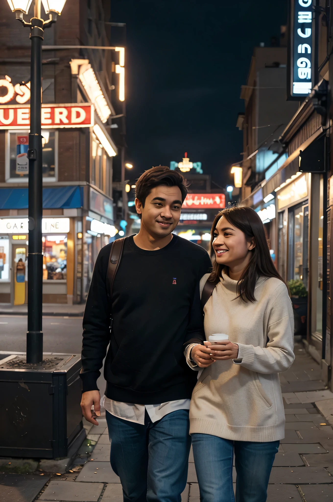 Style of Photo: Casual Street Life
Subjects: 30-year-old couple
Important Feature: clothing suitable for an stroll
More Details: Everyday wear that blends with the cityscape
Pose or Action: Capturing an unexpected moment during a casual city walk
Framing: Candid shots with a focus on genuine expressions
Setting/Background: environment, streets, and landmarks
Lighting: Natural light, playing with the city's ambient illumination
Camera Angle: Quick and varied angles to capture the spontaneity
Camera: DSLR for high-quality captures of natural and unexpected city moments
Lens: Prime lens for a touch of versatility
Camera Properties: High-resolution DSLR, ensuring the city's vibrant life is well-captured