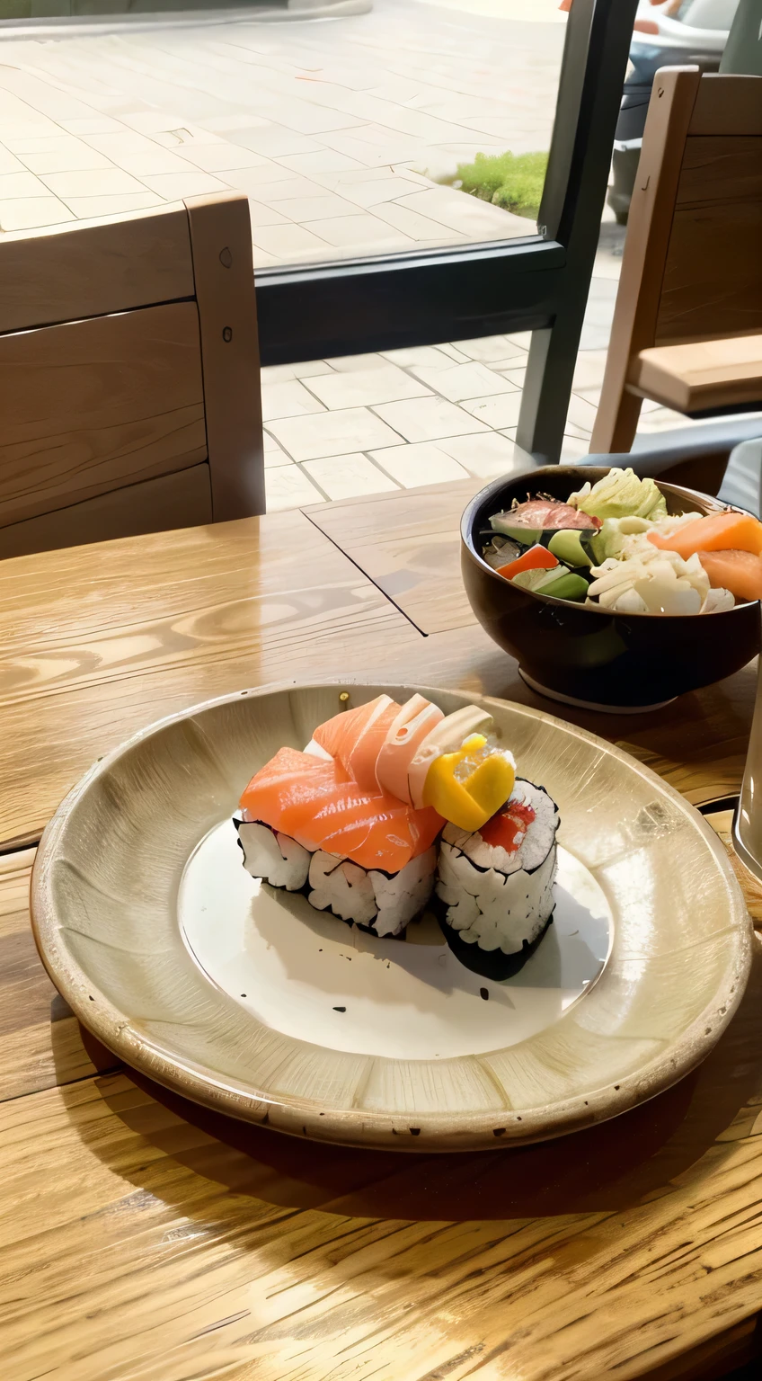 Capture an authentic snapshot of a paperplate with sushi on it on a table outside, using an iPhone. Emphasize the genuine phone-camera aesthetic, ensuring the image reflects the spontaneity and casual charm of a moment captured on a mobile device rather than a professional camera. The plate lies on a cheap outside table.