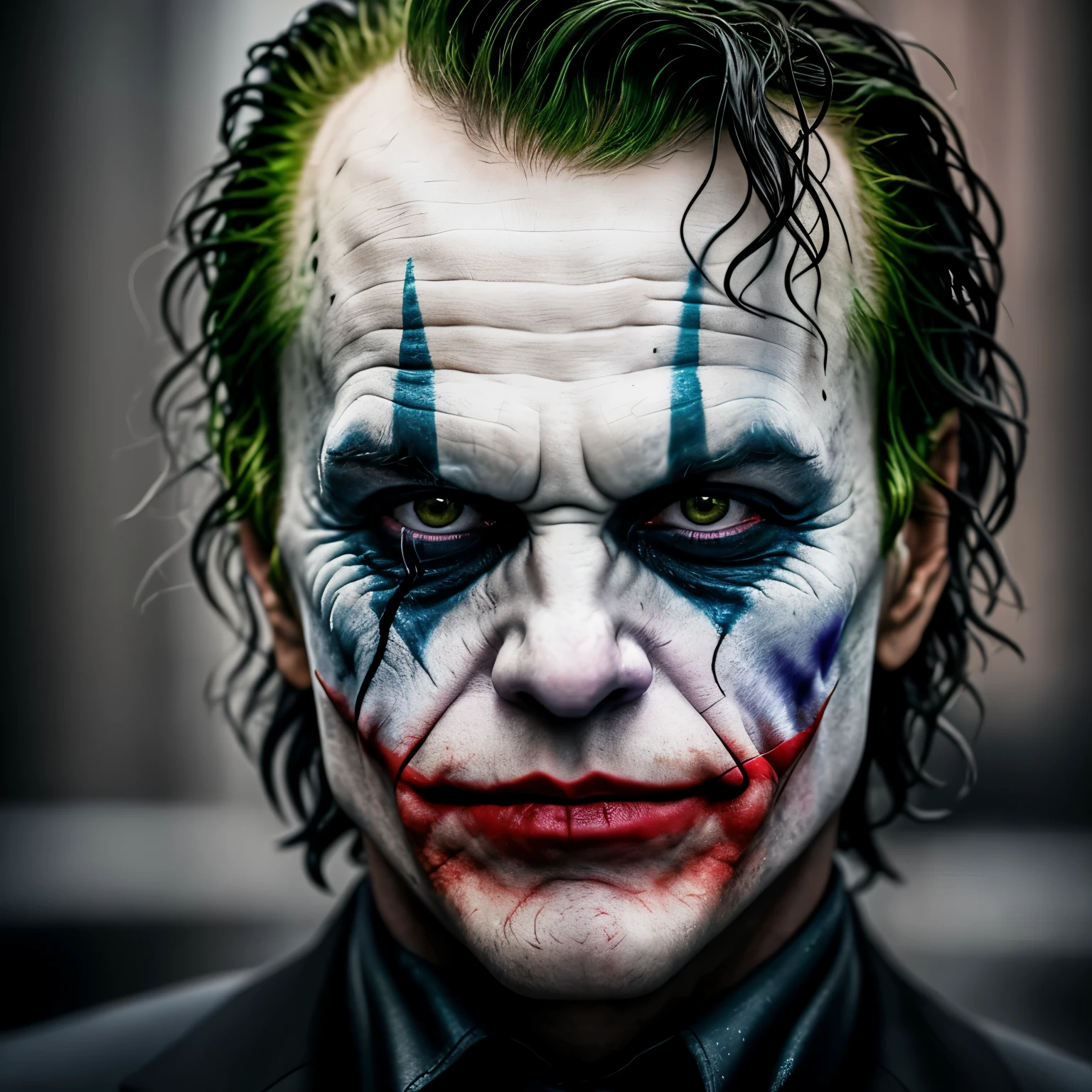 dark and gloomy, hyper realism, 8k, a close up photo of the joker , perfect eyes, lifelike texture, dynamic composition, Fujifilm XT2, 85mm F1.2, 1/80 shutter speed, (bokeh), high contrast, gotham city background