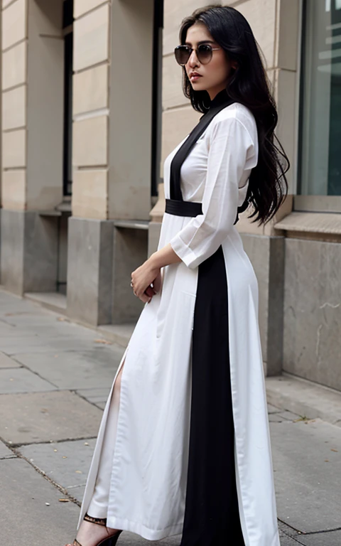 Faceless pakistani model ,fashion couture, wearing black and white long dress ,written politics police,
