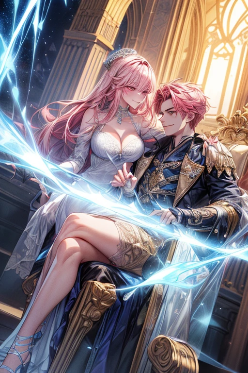(absurderes, hight resolution, ultra-detailliert), 1 male, , Handsome, tall muscular man, broad shoulders, finely detailed eyes, Golden hair, Fantasy, Complex pattern, Detailed face, a throne, magical effect, best ratio four finger and one thumb, , intense cold, Cold snap, Smile, (Dutch Angle), Closed mouth、((1female:Pink hair、Long、short、Best style、F-cup、see-through sexy dress、Beautuful Women))、(((a couple、Flirting)))、