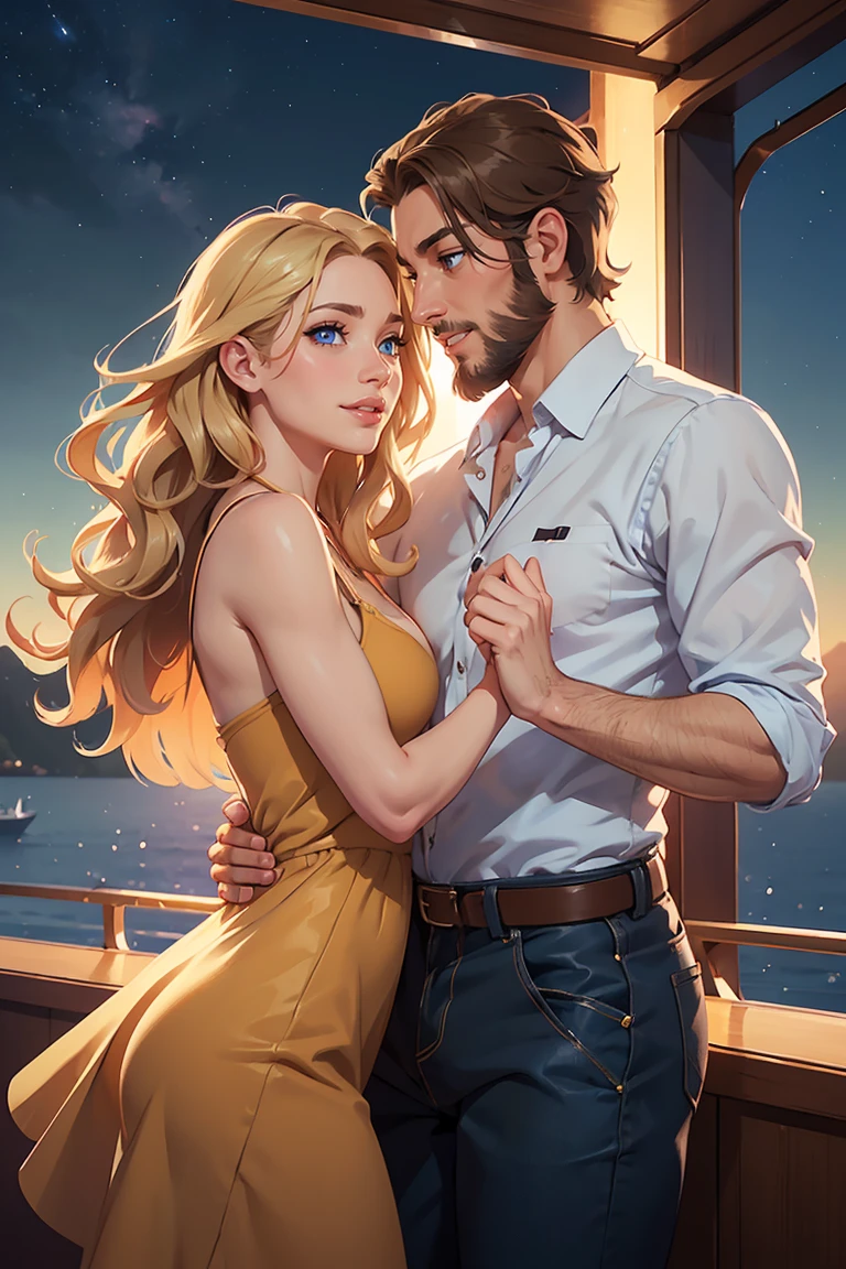 ((A smiling couple in love)), ((woman with long wavy brown hair wearing a sundress small breast)), dancing close with ((a masculine man with short blonde hair and a full blonde beard wearing pants and shirt)), (((blue eyes))), hair with many details, 8k artgerm bokeh, fanart best artstation, render photorealistic, guweiz-style art, inspired by WLOP, ig model | artgerm, detailed, stunning realistic face, beautiful, deviantart artstation cgscosiety, cinematic realistic, high quality portrait, elegant digital painting, photorealistic artstyle, ((cruise ship background)), ((night sky)), ((in love))