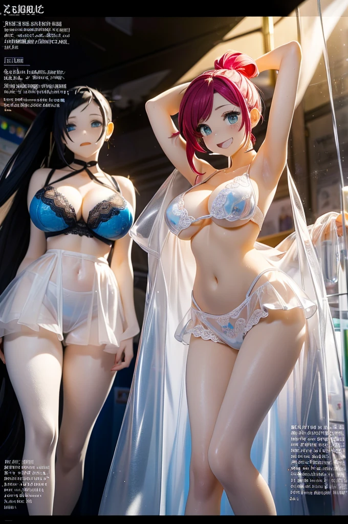 (Official art、Best Quality、Unity 8k Wallpapers、ultra-detailliert、超A high resolution、realisitic、Photorealsitic:1.8、pvc revoltech)、(Cinematic lighting:1.8)、figma、(Full body)、Transparency、Crying face、bold breasts、Glossy skin、transparent vinyl gown、Acrylic Stand,A shop clerk wearing a see-through blue two-piece lace queen costume.、fashion modell、Charming smile,A sexy、mouth slightly open、See-through vinyl slit pleated mini skirt,Lace Shorts、cleavage of the breast、Big big breasts、teats、See-through lace mini bra、amazing、foco nítido、I opened my mouth a little、there are many spectators、(bright blue braided ponytail、beautiful hair of blue color、 Blue eyes)、Trapped in a glass window case、service area,Fancy Goods、Amusement park toy store,Inside the UFO Catcher、Product display panel、