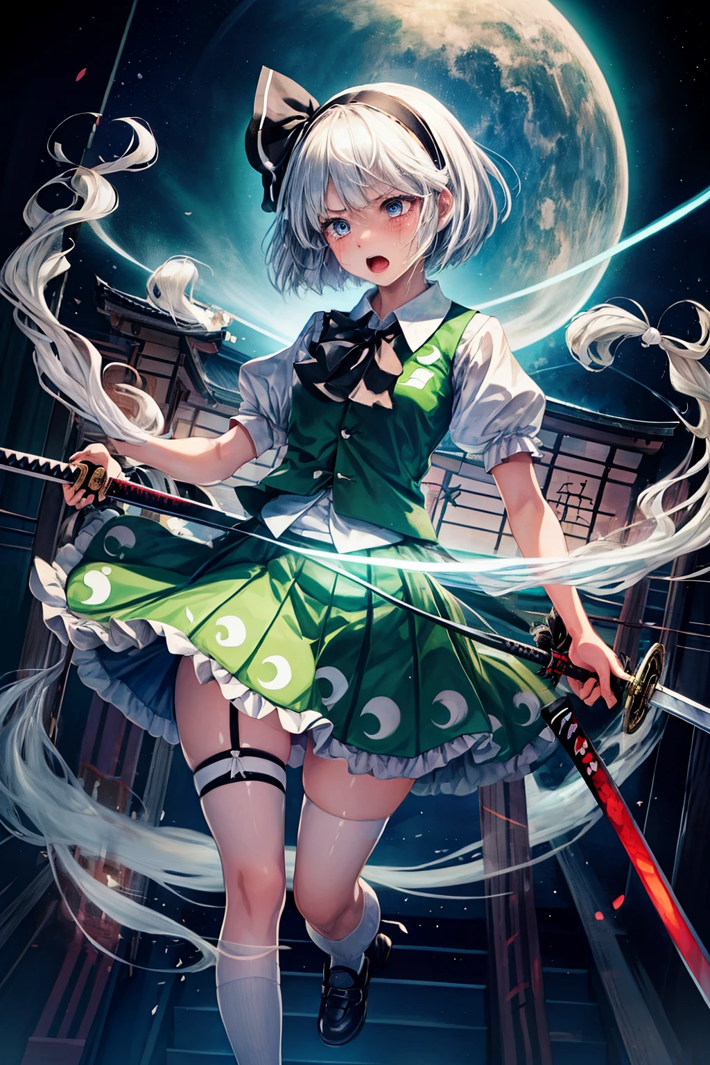 (masterpiece, top quality, best quality, beautiful and aesthetic:1.2), konpaku_youmu_touhou, short_hair, ribbon, hairband, black_hairband, hair_ribbon, black_ribbon, bangs, white_hair, vest, blue_eyes, green_vest, sword, katana, hitodama, bow, blush, black_bow, grey_hair, full body, japanese architecture, surprised, :o, beam, laser, glaring body, open box, box, open mouth, jaw drop, wide-eyed, panicking, horrified, screaming, sobbing, traumatized, turn pale, wavy mouth, glowing, glow, outer glow