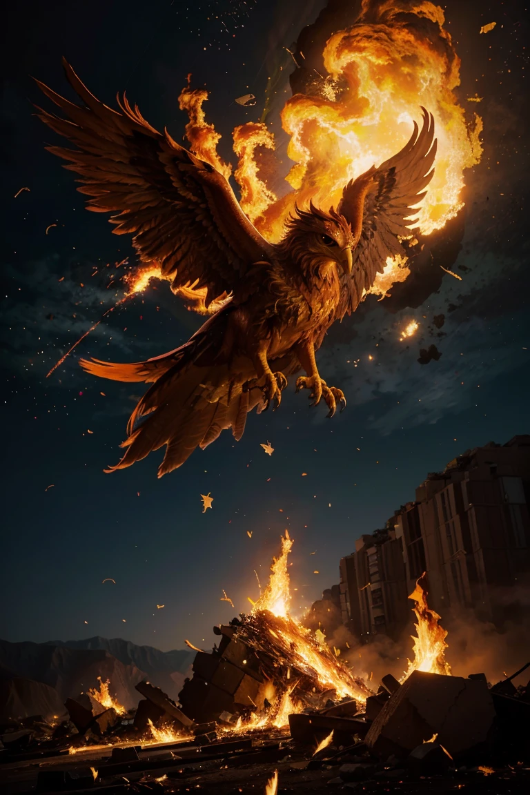 A phoenix rising from the earth, flames filling the sky and chunks of rock falling down