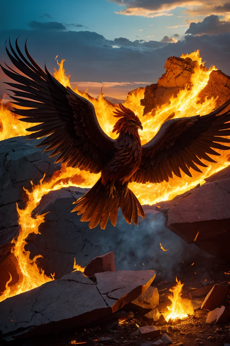 A phoenix rising from the earth, flames filling the sky and chunks of rock falling down