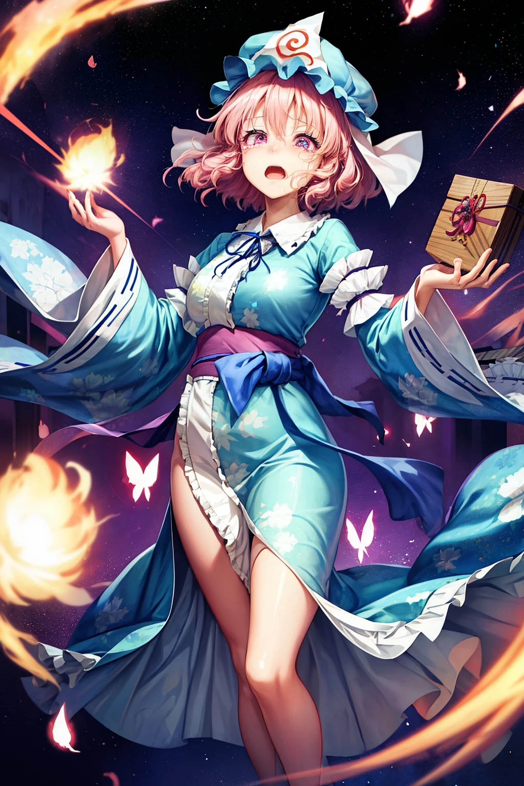 (masterpiece, top quality, best quality, beautiful and aesthetic:1.2), saigyouji_yuyuko_touhou, pink_hair, triangular_headpiece, hat, short_hair, pink_eyes, moap, blue_headwear, bangs, smile, hair_between_eyes, sash, breasts, ribbon, full body, japanese architecture, surprised, :o, beam, laser, glaring body, open box, box, open mouth, jaw drop, wide-eyed, panicking, horrified, screaming, sobbing, traumatized, turn pale, wavy mouth, glowing, glow, outer glow