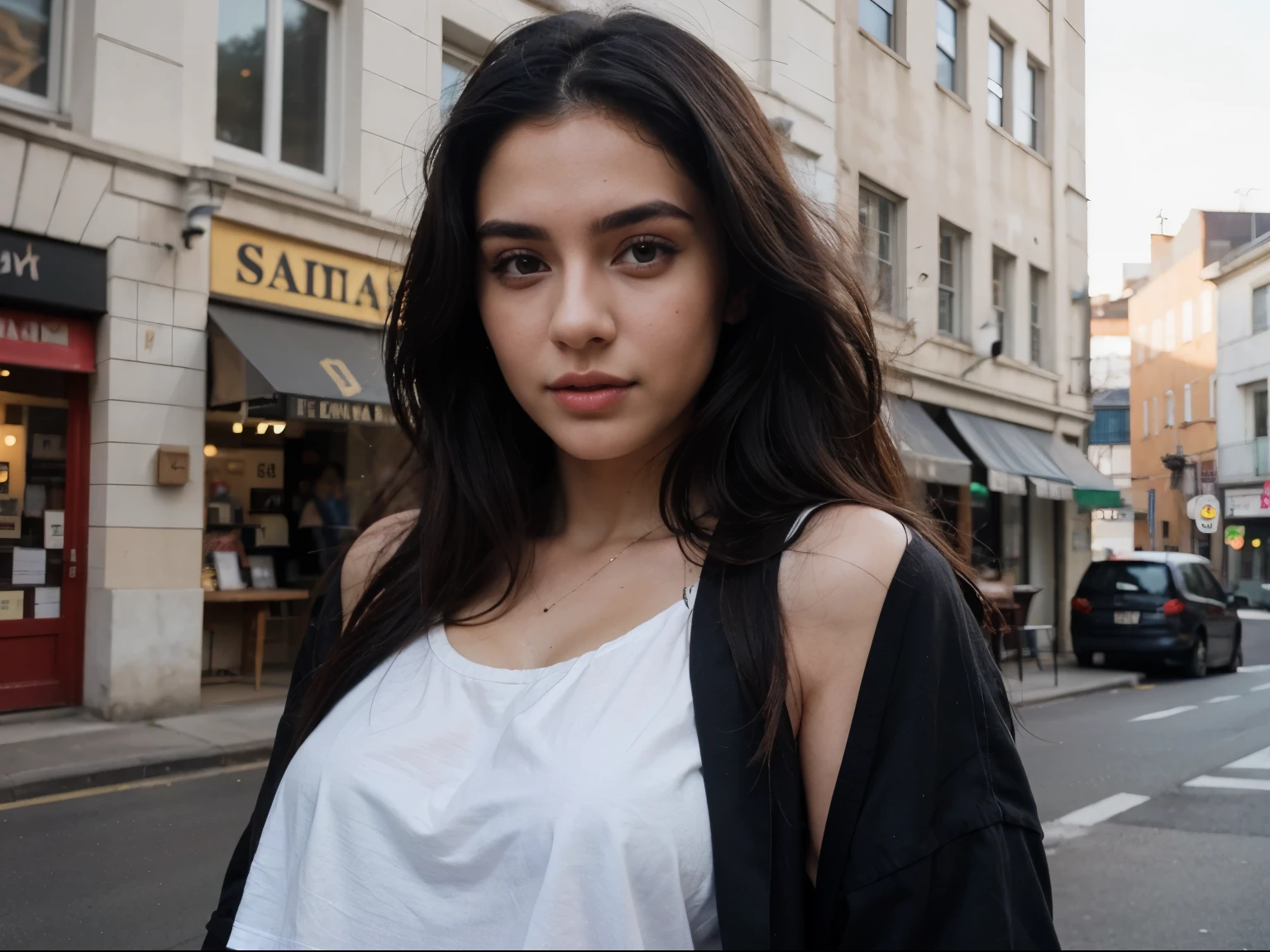 1girl called Renata Samaa, 19 years old with long black hair, wearing attractive outfits, instagram model, Photographed with iPhone, aesthetic, Realism, instagram model picture