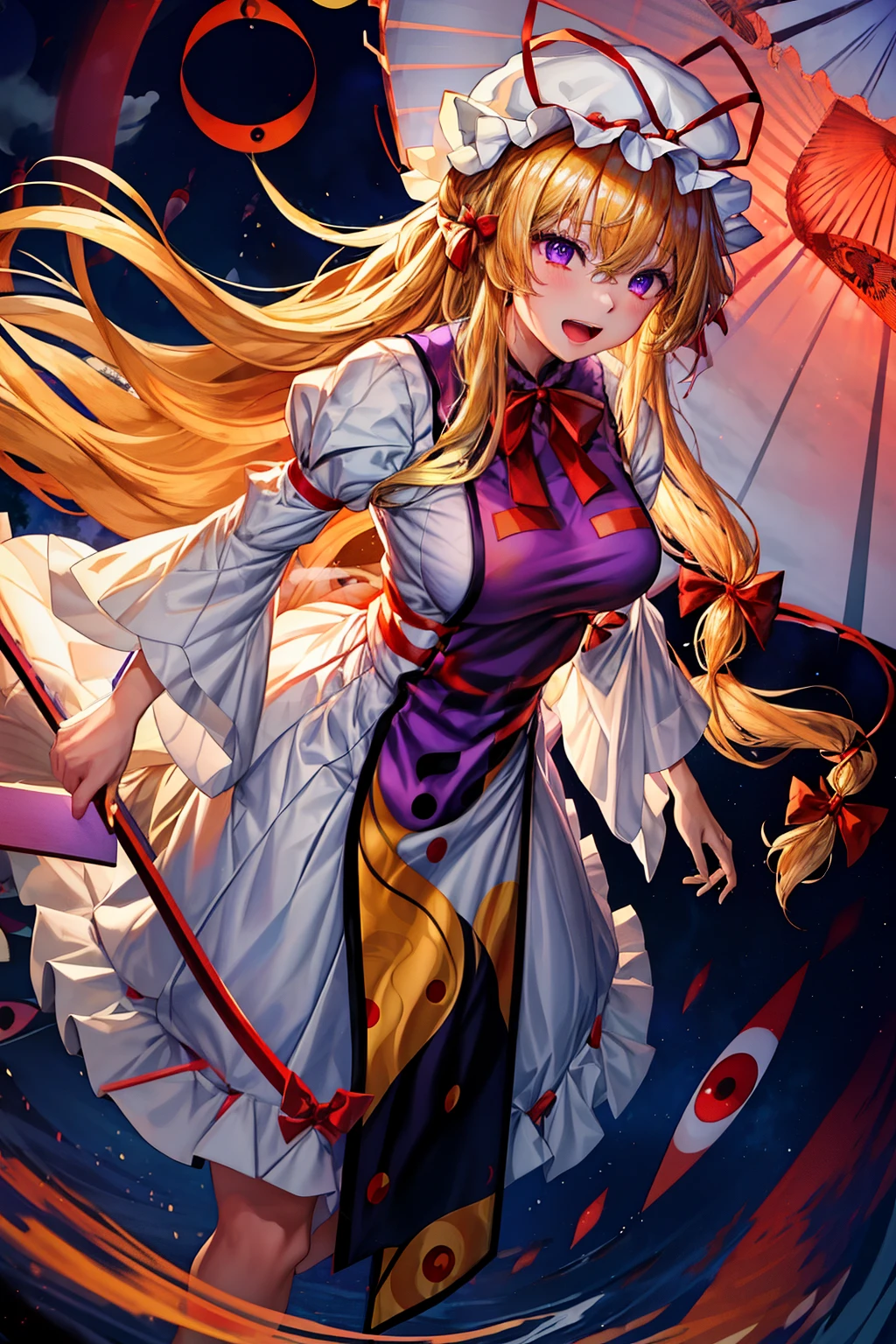 (masterpiece, top quality, best quality, beautiful and aesthetic:1.2), yakumo_yukari_touhoublonde_hair, ribbon, hat, long_hair, moap, hat_ribbon, red_ribbon, smile, white_headwear, bangs, bow, breasts, purple_eyes, hair_between_eyes, hair_bow, tabard, large_breasts, very_long_hair, full body, japanese architecture, surprised, :o, beam, laser, glaring body, open box, box, open mouth, jaw drop, wide-eyed, panicking, horrified, screaming, sobbing, traumatized, turn pale, wavy mouth, glowing, glow, outer glow