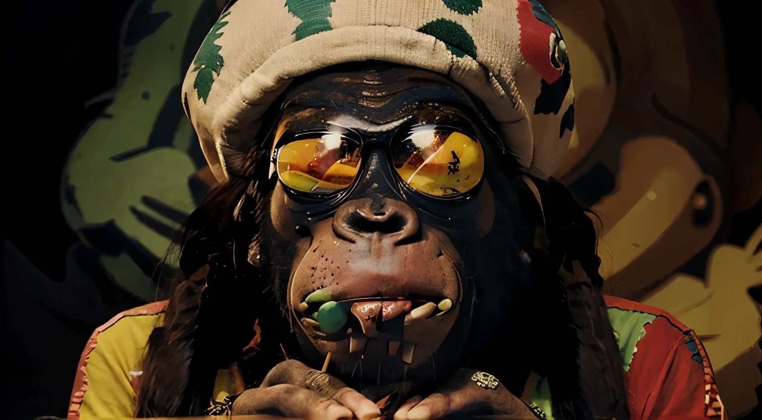 An rasta ape Smoking a joint in the middle of a big party