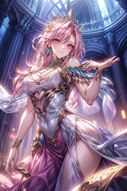 (absurderes, hight resolution, ultra-detailliert), 1 male, , Handsome, tall muscular man, broad shoulders, finely detailed eyes, Golden hair, Fantasy, Complex pattern, Detailed face, a throne, magical effect, best ratio four finger and one thumb, , intense cold, Cold snap, Smile, (Dutch Angle), Closed mouth、((1female：Pink hair、Long、short、Best style、F-cup、see-through sexy dress、Beautuful Women))、(((a couple、Flirting)))、