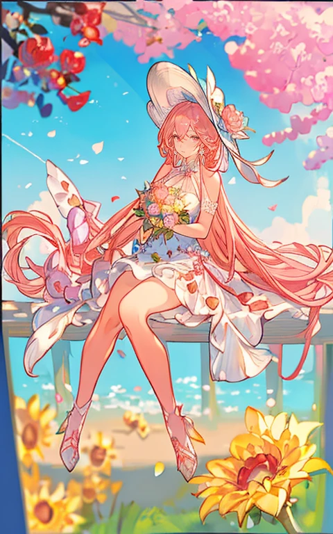 ((masterpiece, best quality)), 1girl, flower, solo, dress, holding, sky, cloud, hat, outdoors, bangs, bouquet, rose, expressionless, blush, pink hair, flower field, red flower, pink eyes, white dress, looking at viewer, midium hair, holding flower, small breasts, red rose, holding bouquet, sun hat, white headwear, depth of field,