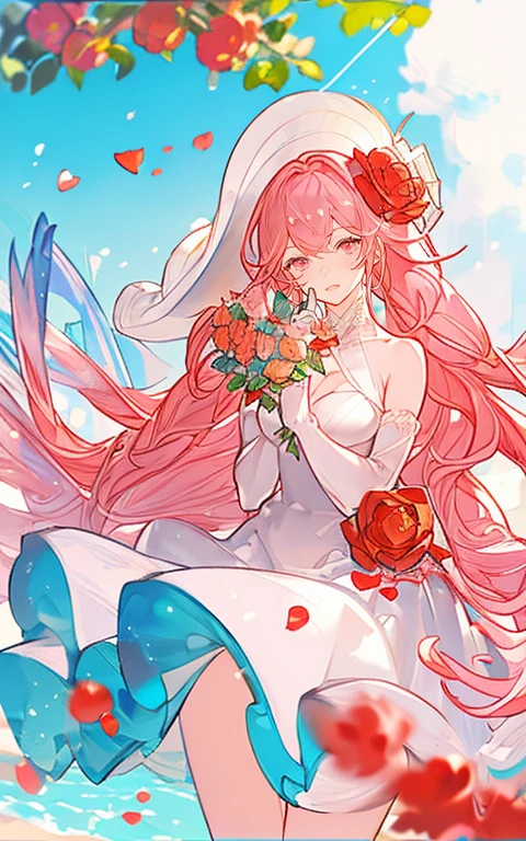 ((masterpiece, best quality)), 1girl, flower, solo, dress, holding, sky, cloud, hat, outdoors, bangs, bouquet, rose, expressionless, blush, pink hair, flower field, red flower, pink eyes, white dress, looking at viewer, midium hair, holding flower, small breasts, red rose, holding bouquet, sun hat, white headwear, depth of field,
