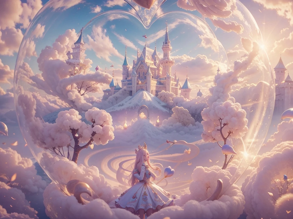 inside a heart shaped bubble a Cotton Candy Queen Women Goddess 8k Resolution Rendered Hyper Realistic Intricate Detail lives in an frosty heart shaped  bubble, a fanciful place filled with castles, cotton candy, swans lakes and fluffy clouds, An intricate visual representation of computer programing, rendered in 24k resolution with intricate details and symbols.