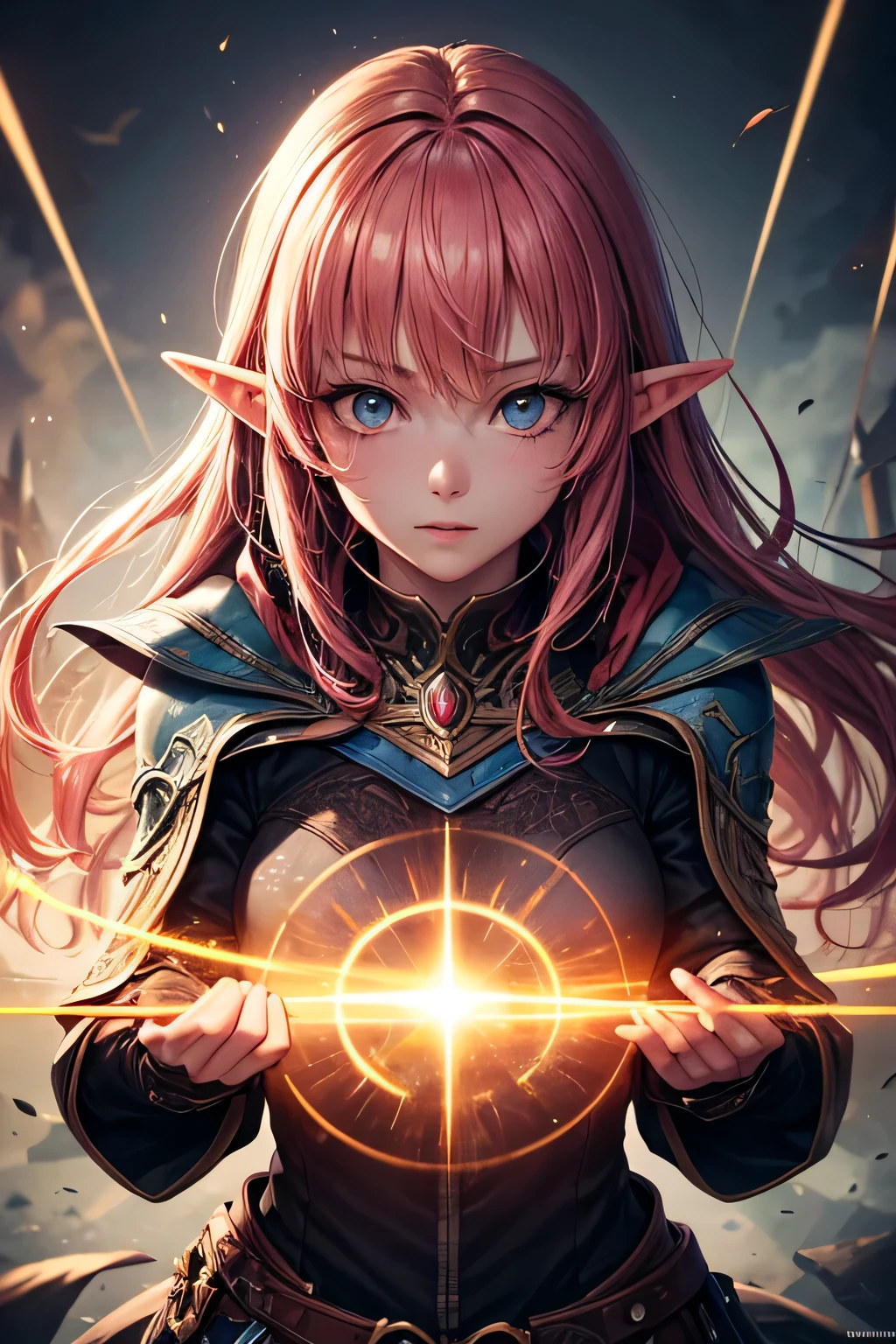 high quality fantasy anime photography, elven sorceress girl casting black energy streak with black light fragments, shooting enemy, emitting from glowing vertical magic circle in front of her magic staff, beautiful face, beautiful eyes, pink hair, highly detailed, vibrant appearance, creative behavior, extremly detailed, imaginative, , spontaneous, highest quality, skin texture, intricate details, (cinematic lighting), RAW photo, 8k, masterpiece,best quality,ultra-detailed,very detailed illustrations,extremely detailed,intricate details,highres,super complex details,extremely detailed 8k cg wallpaper,