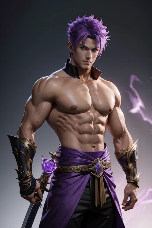 8K、Alafed Men、White and purple exterior,Golden decoration、Big sword armament、Super handsome、Purple and white mohawk cutting、Eyes glowing purple、unrealengine、Joseph Joestar、trending on artstationh、Diobrand、highly detailed exquisite fanart、3 d render character art 8 k、Highly detailed artgerm、Muscular male hero with a slender body、handsome guy in demon slayer art、Range Murata and Artgerm