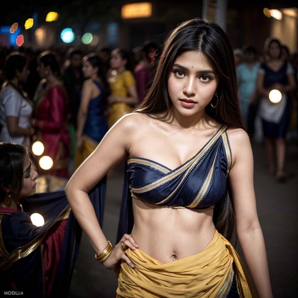 (Best quality, 8k, 32k, Masterpiece, UHD:1.2), (candid Photo:1.2) of Rhea Chakraborty como uma bela jovem donzela, Bindi, highly detailed ,black long highlighted hair,beauty face,(playing garba:1.3), Candid photo,indian saree, in ery crowded indian garba festival:1.2),large breasteautiful nipple slip:0.9),outdoors,windy,shiny skin,blurry background, (shot from above:1.1), night, lights, very happening environment