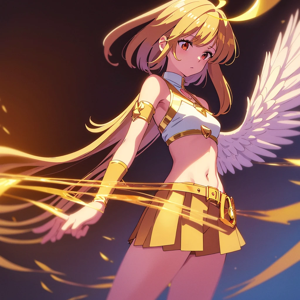 in anime style, draw an angel girl with peach skin, brown long hair and bangs with a white crop top, golden shoulderpads, white collar with a golden diamond connecting it, a golden halo, white short shorts with a belt with 5 golden studs and a piece of cloth connected to the belt that is golden and covers the front part of her lower body