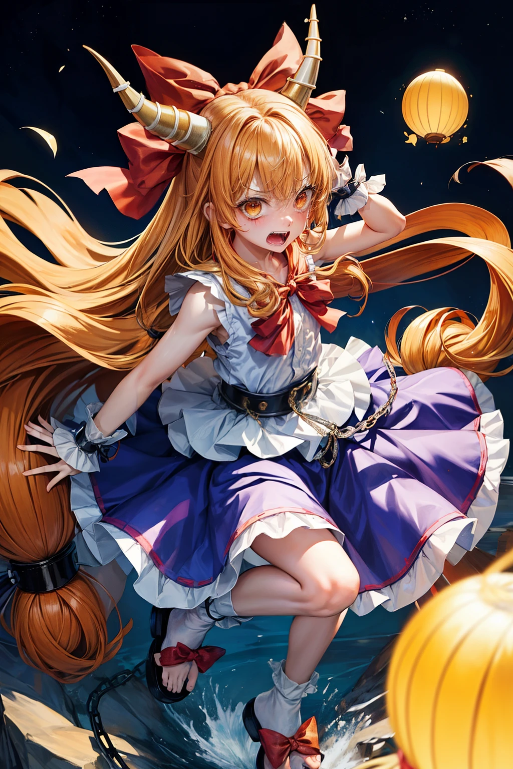 (masterpiece, top quality, best quality, beautiful and aesthetic:1.2), buki_suika_touhouhorns, bow, long_hair, hair_bow, ribbon, horn_ornament, sleeveless, horn_ribbon, orange_hair, red_bow, chain, wrist_cuffs, bangs, open_mouth, very_long_hair, blonde_hair, full body, japanese architecture, surprised, :o, beam, laser, glaring body, open box, box, open mouth, jaw drop, wide-eyed, panicking, horrified, screaming, sobbing, traumatized, turn pale, wavy mouth, glowing, glow, outer glow