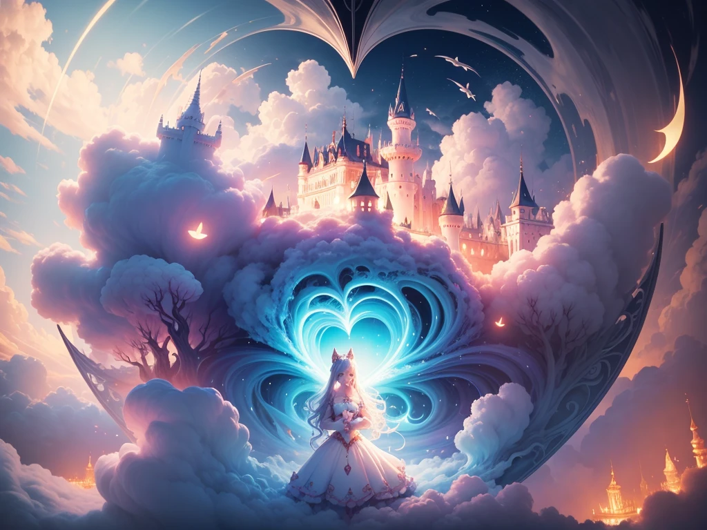 inside a heart shaped bubble a Cotton Candy Queen Women Goddess 8k Resolution Rendered Hyper Realistic Intricate Detail lives in an frosty heart shaped bubble, a fanciful place filled with castles, cotton candy, swans lakes and fluffy clouds, An intricate visual representation of computer programing, rendered in 24k resolution with intricate details and symbols.