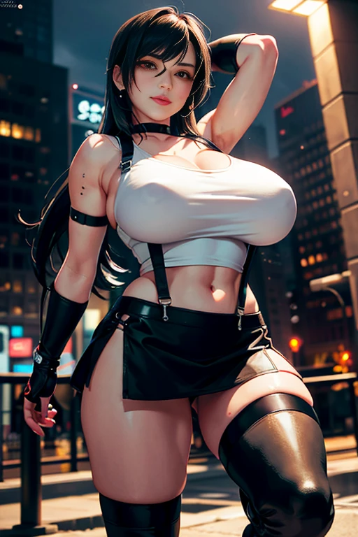 (8k, best quality, masterpiece:1.2), (realistic, photo-realistic:1.37), ultra-detailed, 1 girl,cute, solo, (tifa lockhart), (huge breasts:1.5),(beautiful detailed eyes), (smile:1.2), (closed mouth), erotic pose, dancing, neon lights, cityscape, depth of field, dark intense shadows, sharp focus, cars, motion blur, motor bikes, depth of field, good composition, green glowing light, Final Fantasy VII, dating,(nose blush), single elbow pad, ankle boots, black hair, black thighhighs, red boots, elbow gloves, elbow pads, fingerless gloves, taut shirt, sports bra, (suspender black skirt), thighhighs, (white tank top:1.3), full body, head rest, lips, pretty face, low-tied long hair, ((red_eyes)), yellow flowers, (night:1.3), intricate, bokeh, cinematic lighting, photon mapping, radiosity, physically-based rendering, (Tetsuya Nomura style), nsfw, perfect breasts