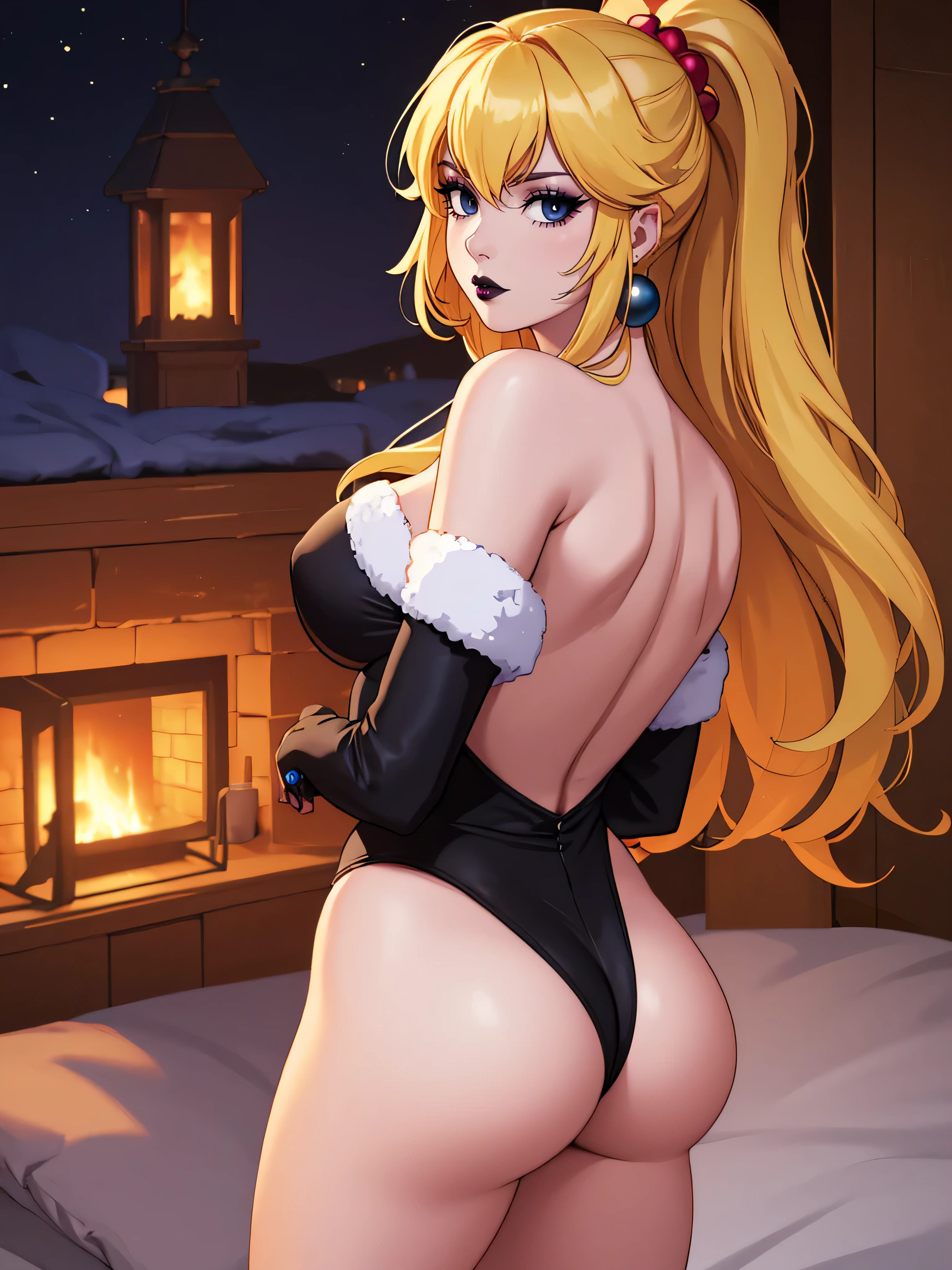 ((high detailed, best quality, 4k, masterpiece, hd:1.3)), ((best quality)), ((HD)), ((8k)), (ultraHD), log cabin, bonfire, Christmas Tree, X-Mas tree, Princess Peach with christmas gifts, BREAK blue eyes, seductive, attractive, smooth anime cg art, 36C breasts, long legs, vivid colors, detailed digital art, slim body, perfect skin, blonde hair over one eye, BREAK crown, cleavage, looking at viewer, BREAK looking at viewer, extremely detailed face, pink_santa_lingerie, pink_santa_claus_lingerie, santa claus lingerie, winter lingerie, earrings, gem, dark black makeup lips, (black high heels), high heels, dark gothic eyeshadows, dark eyeshadows, black eyeshadows, black sexy lips, black lips, (dark:1.2), dark lips, very dark lips, (perfect hands, perfect anatomy), black makeup, black lips, detailed fingers, five fingers per hand, 5 fingers, (1 girl), (solo:1.3), detailed lips, detailed black lips, black painted lips, gothic painted lips, (breast focus), (from above:1.1), (breasts out:1.3), (off shoulder:1.1), (arms behind back:1.2), (((with your back turned:1.5, Looking Back Pose))), ((Looking back)),