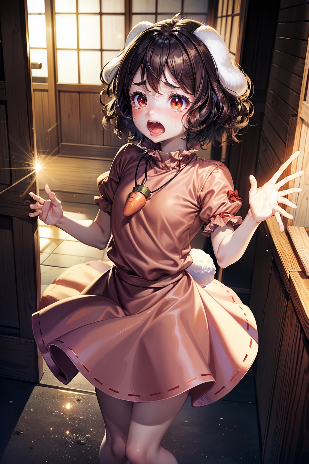 (masterpiece, top quality, best quality, beautiful and aesthetic:1.2), inaba tewi, 1girl,short hair,brown hair,rabbit ears, red eyes, pink dress,short sleeves, carrot necklace, japanese architecture, surprised, :o, beam, laser, glaring body, open box, box, open mouth, jaw drop, wide-eyed, panicking, horrified, screaming, sobbing, traumatized, turn pale, wavy mouth, glowing, glow, outer glow