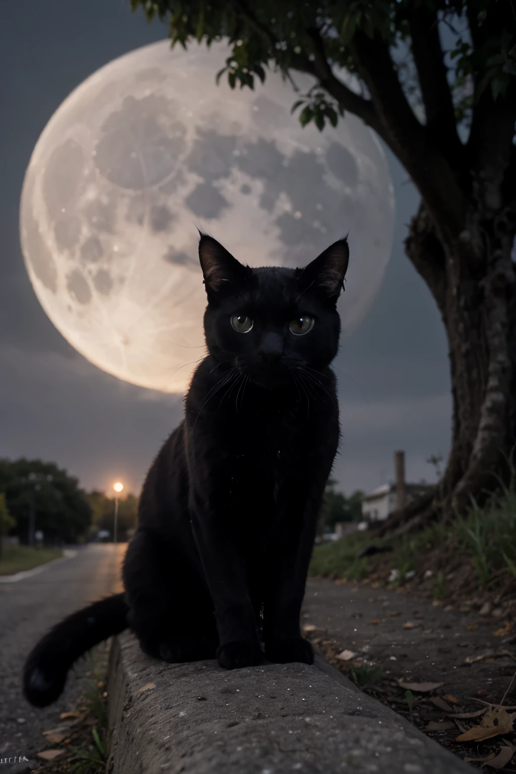 A black cat starring at the moon under a tree at night