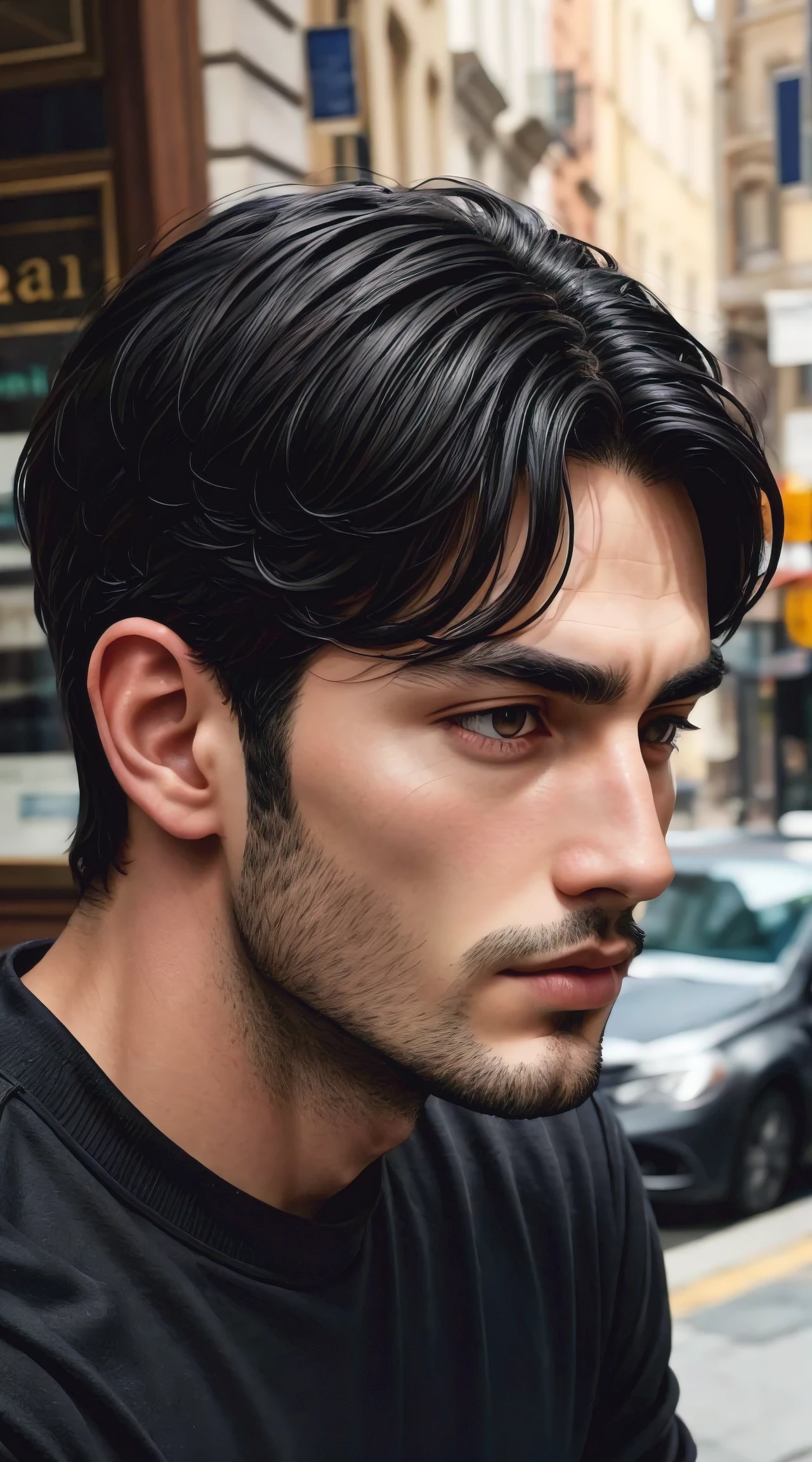 (front view) very detailed  photograph of a italian man, detailed coffee shop background, (with black hair), (dark eyes) (symmetric handsome face) nice and well defined nose, (well marked and angular jaw), proportioned and full lips, stunning realistic photography, realistic soft color, octane render, intricately detailed, sharp focus, stunning full color, shot on DSLR camera, 32k resolution, best quality, (focus on skin texture)