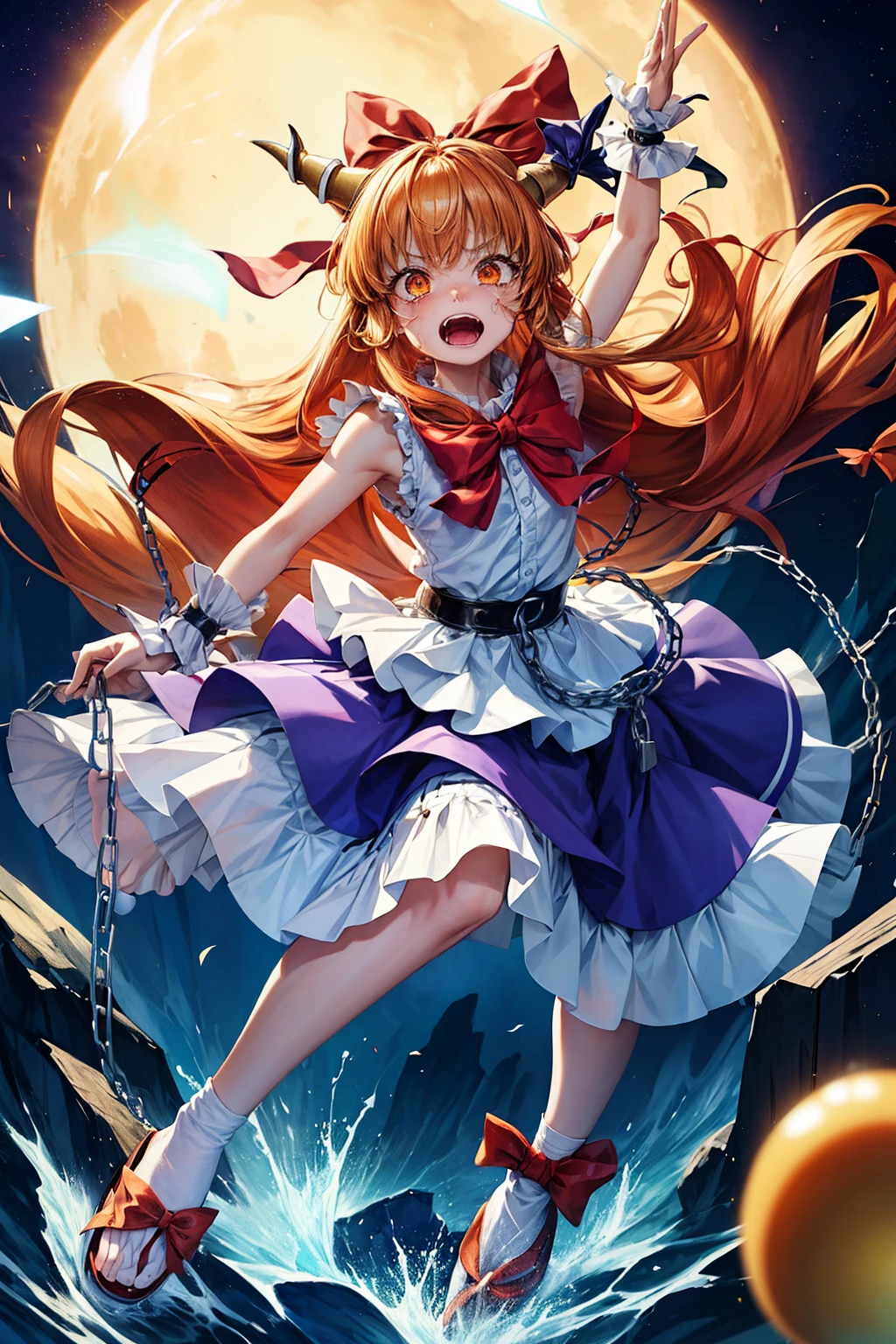 (masterpiece, top quality, best quality, beautiful and aesthetic:1.2), buki_suika_touhouhorns, bow, long_hair, hair_bow, ribbon, horn_ornament, sleeveless, horn_ribbon, orange_hair, red_bow, chain, wrist_cuffs, bangs, open_mouth, very_long_hair, blonde_hair, full body, japanese architecture, surprised, :o, beam, laser, glaring body, open box, box, open mouth, jaw drop, wide-eyed, panicking, horrified, screaming, sobbing, traumatized, turn pale, wavy mouth, glowing, glow, outer glow