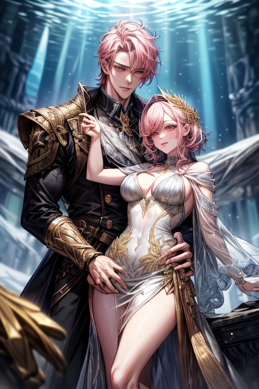 (absurderes, hight resolution, ultra-detailliert), 1 male, , Handsome, tall muscular man, broad shoulders, finely detailed eyes, ((Golden hair)), Fantasy, Complex pattern, Detailed face, a throne, magical effect, best ratio four finger and one thumb, , intense cold, Cold snap, ,、((1female：Pink hair、Long、short、Best style、F-cup、see-through sexy dress、Beautuful Women))、(((a couple、Flirting)))、