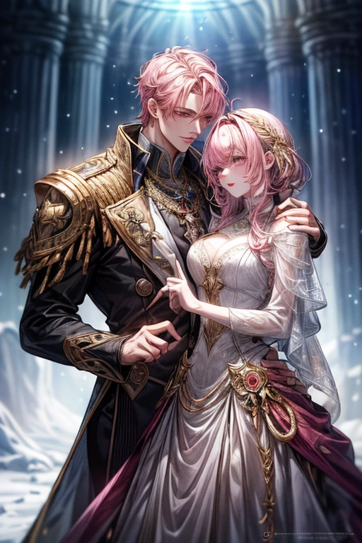 (absurderes, hight resolution, ultra-detailliert), 1 male, , Handsome, tall muscular man, broad shoulders, finely detailed eyes, ((Golden hair)), Fantasy, Complex pattern, Detailed face, a throne, magical effect, best ratio four finger and one thumb, , intense cold, Cold snap, ,、((1female:Pink hair、Long、short、Best style、F-cup、see-through sexy dress、Beautuful Women))、(((a couple、Flirting)))、