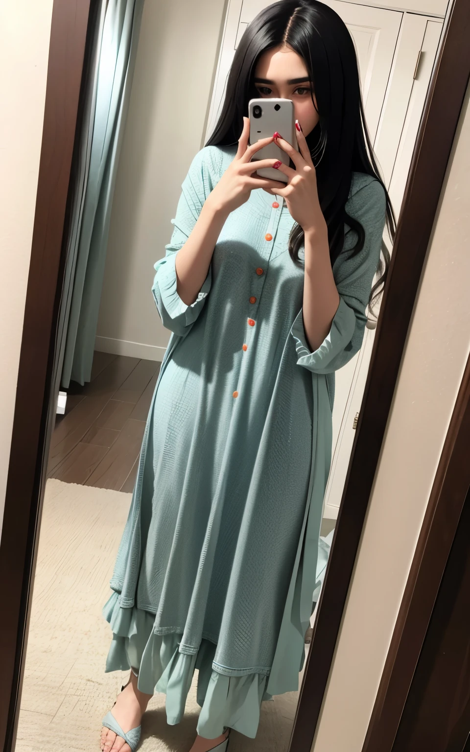 Photorealistic Beautiful pakistani model ,taking mirror selfie of full look,without showing face,face hidden ,weaeing full covered frock