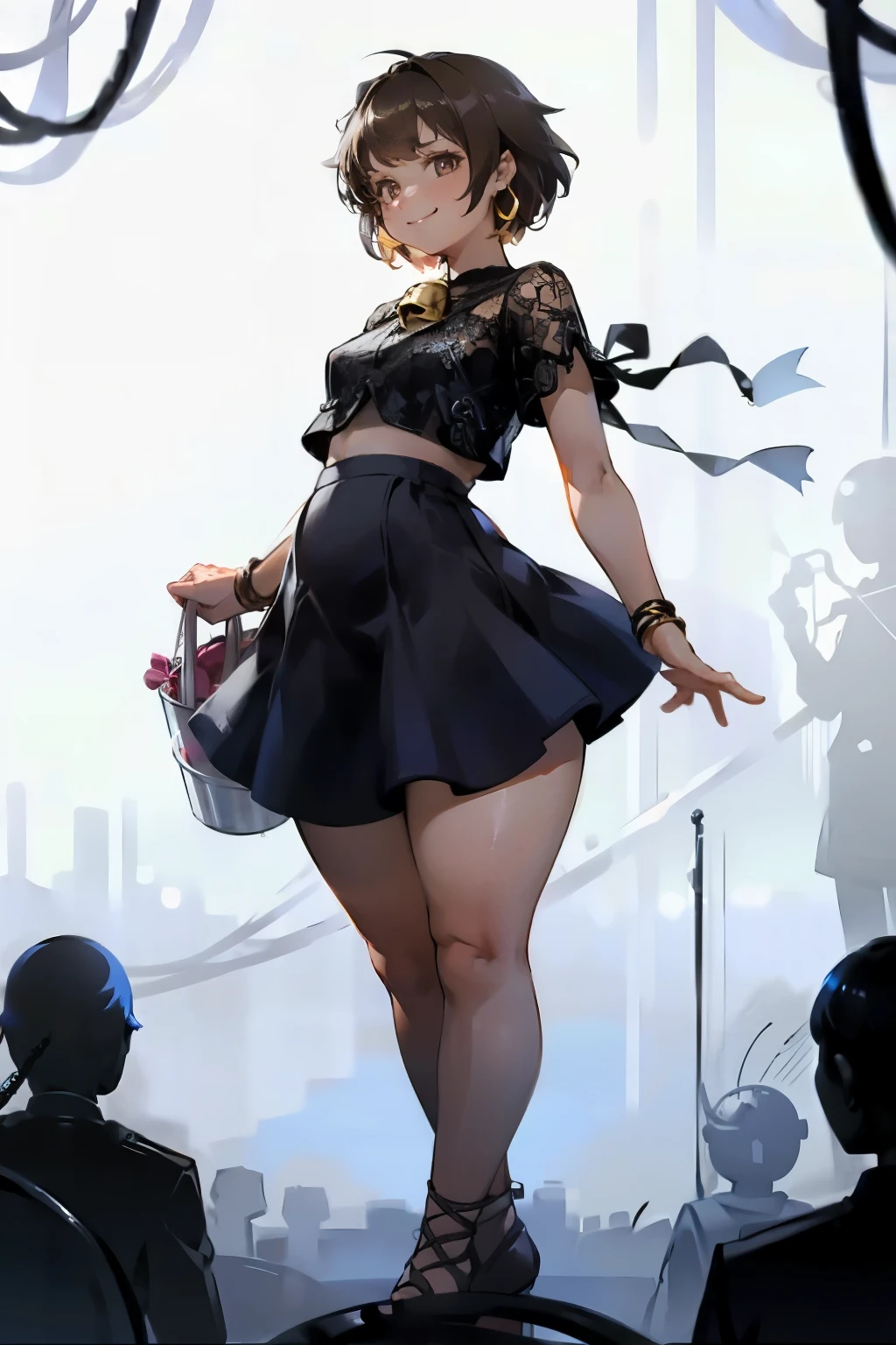 masterpiece, best quality,1girl,young girl,brown eyes,short hair,happy smile,shiny hair, ((bell shaped body, thick waist, obese)) ((flast chest, small breasts))
BREAK
, Lace-up_crop_top, midi_skirt, knee-hioots, layered_necklaces, hoop_earrings, bucket_bag,
BREAK
, depth of field
