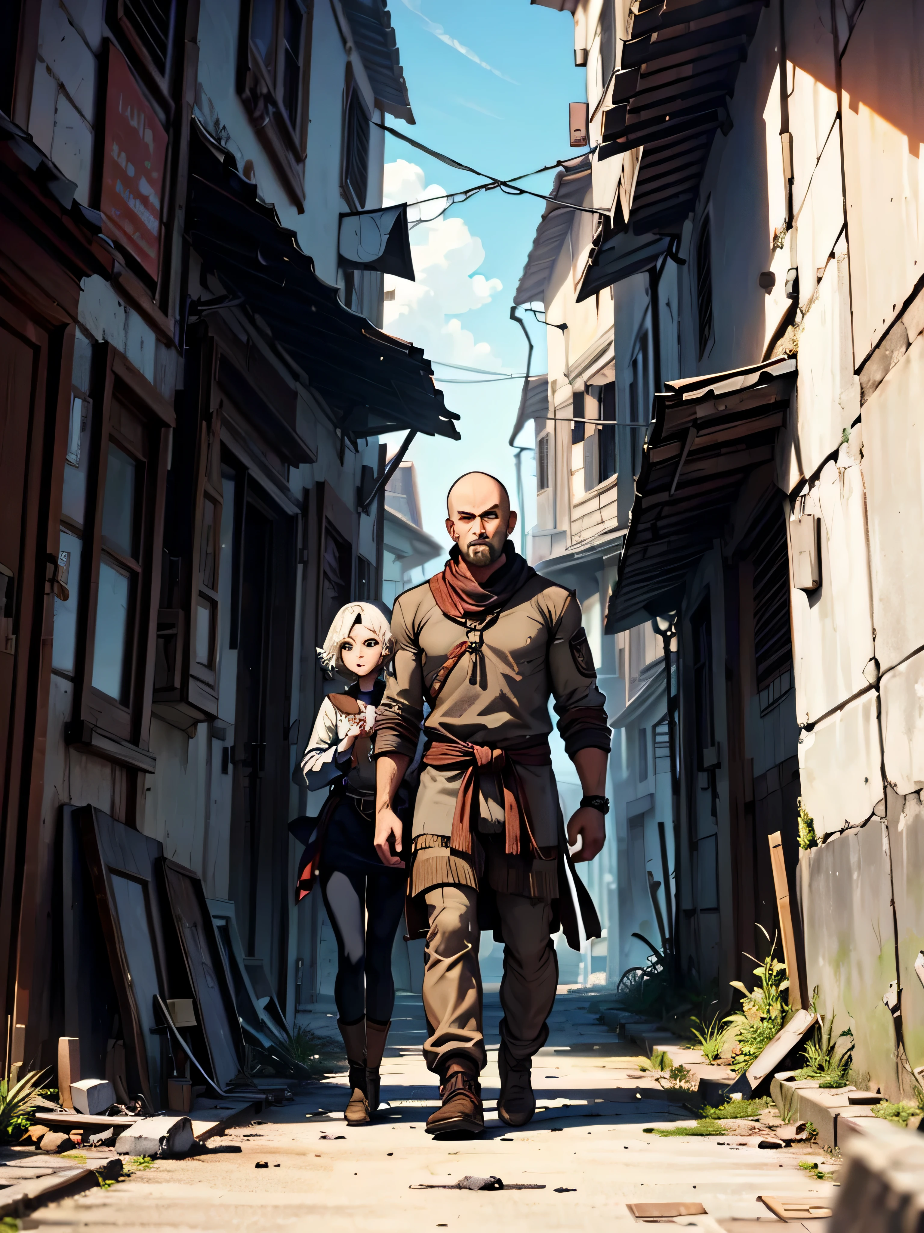 (((um homem com cabelos brancos compridos))), walking through a destroyed village
