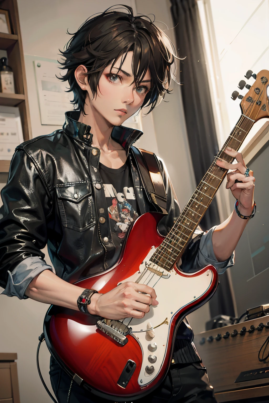 Imagem de um homem com uma guitarra em um quarto, guitarrista, estilo realismo anime, Arte no estilo de Guweiz, inspirado em Yamagata Hiro, realistic anime art style, pose de anime bonito, Estilo anime 3D realista, por Yang J, solo de guitarra, estilo de arte realista, Makoto Shinkai e Artgerm, Hiro