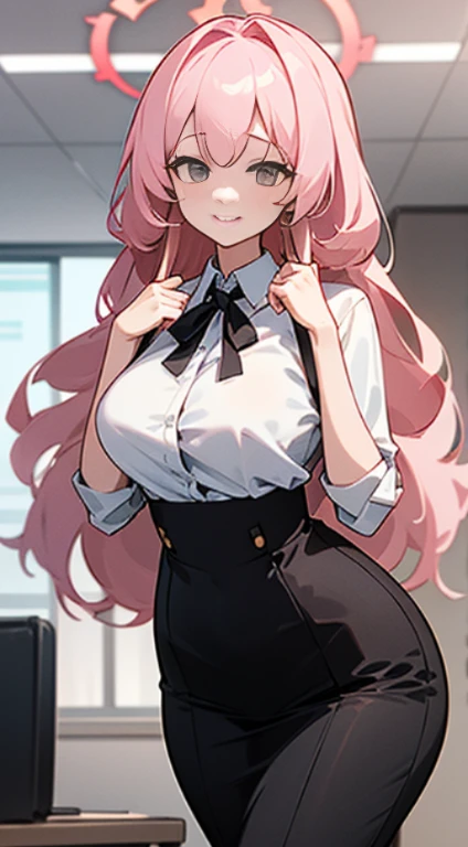 ((masterpiece, best)),(1girl),((mature woman)), light pink hair, dizzy, trumpet, ((office lady)), bangs, mid-chest, (full), slim, smiling, [wide hips] , office, standing, aru \(blue archive\),